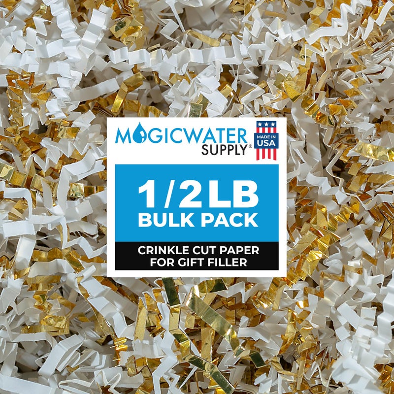 MagicWater Supply - 1/2 LB - White & Gold - Crinkle Cut Paper Shred Filler great for Gift Wrapping, Basket Filling, Birthdays, Weddings, Anniversaries - Image 1